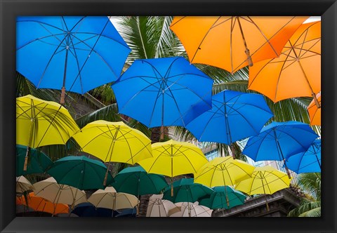 Framed Mauritius, Port Louis, Caudan Waterfront Area With Colorful Umbrella Covering Print