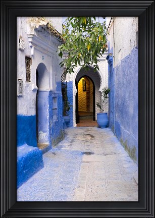 Framed Morocco, Chaouen Narrow Street Lined With Blue Buildings Print