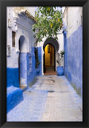 Framed Morocco, Chaouen Narrow Street Lined With Blue Buildings Print