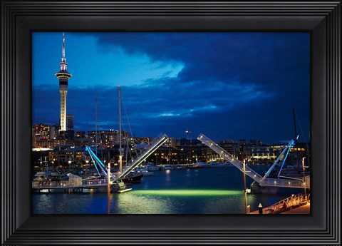 Framed Wynyard Crossing Bridge, And Skytower, Auckland Waterfront, New Zealand Print