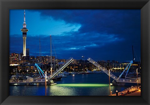 Framed Wynyard Crossing Bridge, And Skytower, Auckland Waterfront, New Zealand Print