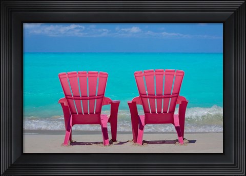 Framed Bahamas, Little Exuma Island Pink Chairs On Beach Print
