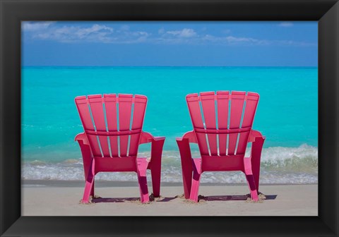 Framed Bahamas, Little Exuma Island Pink Chairs On Beach Print