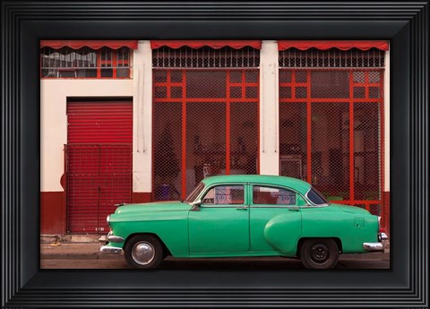 Framed Cuba, Havana Green Car, Red Building On The Streets Print