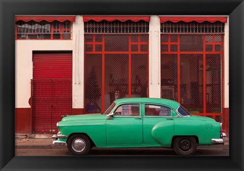 Framed Cuba, Havana Green Car, Red Building On The Streets Print