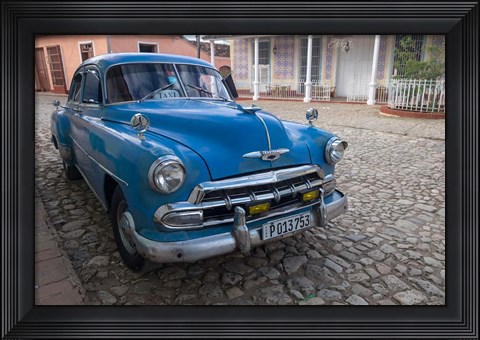 Framed Cuba, Trinidad Blue Taxi Parked On Cobblestones Print