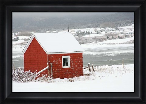 Framed North America, Canada, Nova Scotia, Cape Breton, Cabot Trail, Red Shed In Winter Print