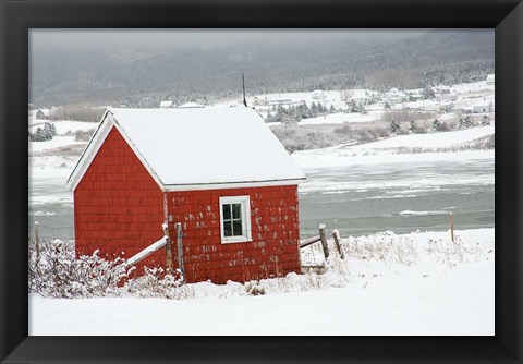 Framed North America, Canada, Nova Scotia, Cape Breton, Cabot Trail, Red Shed In Winter Print