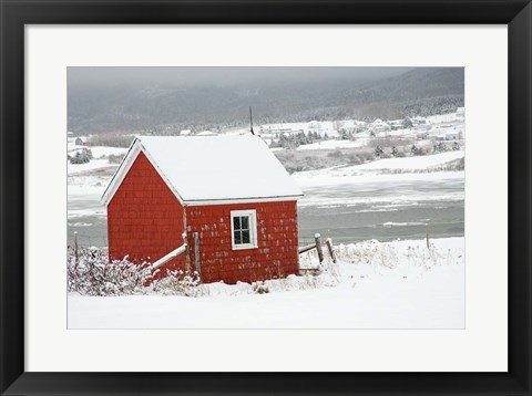 Framed North America, Canada, Nova Scotia, Cape Breton, Cabot Trail, Red Shed In Winter Print