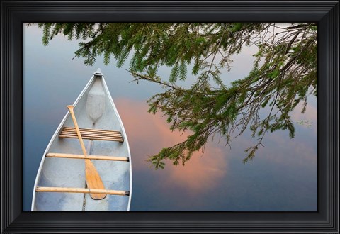 Framed Canada, Quebec, Eastman Canoe On Lake At Sunset Print