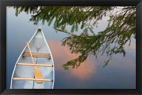 Framed Canada, Quebec, Eastman Canoe On Lake At Sunset Print