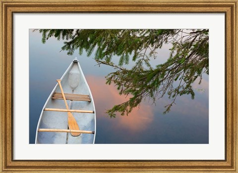 Framed Canada, Quebec, Eastman Canoe On Lake At Sunset Print