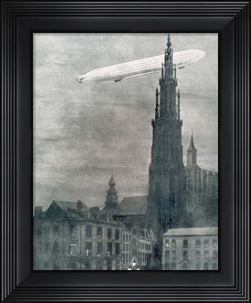 Framed WORLD WAR I (1914-1918) First German Zeppelin Over Antwerp Print