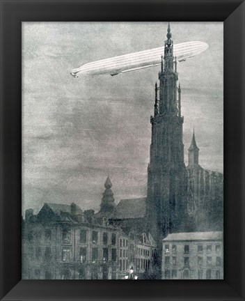 Framed WORLD WAR I (1914-1918) First German Zeppelin Over Antwerp Print