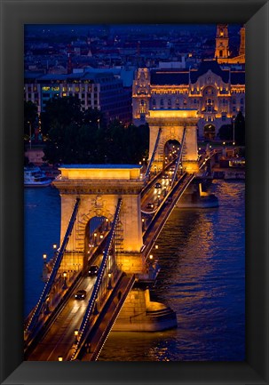 Framed Hungary, Budapest Chain Bridge Lit At Night Print