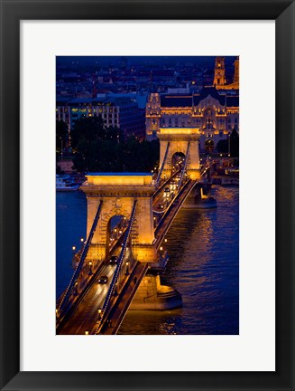 Framed Hungary, Budapest Chain Bridge Lit At Night Print