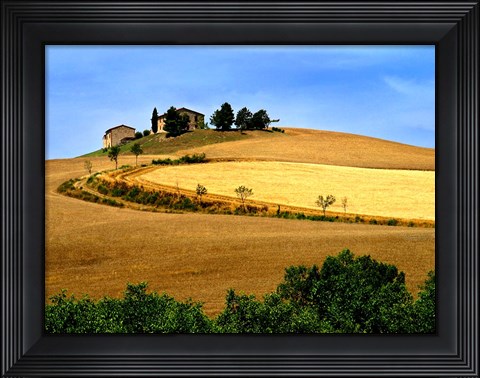 Framed Italy, Tuscany, Farmhouse And Fields Print