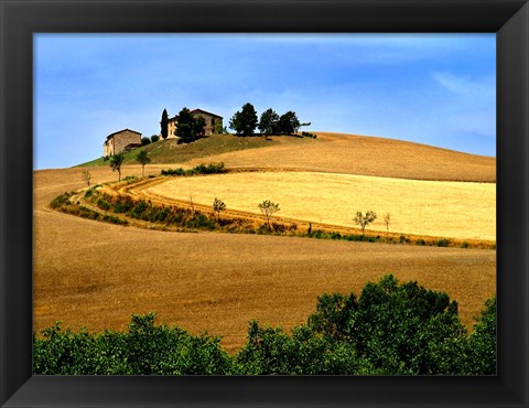 Framed Italy, Tuscany, Farmhouse And Fields Print