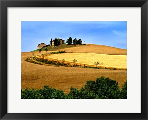 Framed Italy, Tuscany, Farmhouse And Fields Print