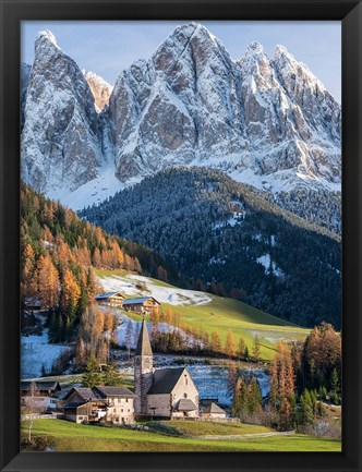 Framed Church Sankt Magdalena In Villnoess Valley In Autumn, Geisler Mountains Italy Print