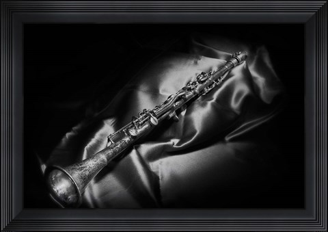 Framed Black And White Still-Life Image Of A Brass Clarinet Print