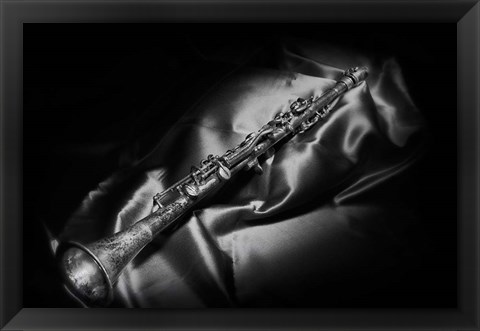 Framed Black And White Still-Life Image Of A Brass Clarinet Print