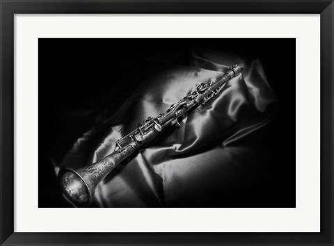 Framed Black And White Still-Life Image Of A Brass Clarinet Print