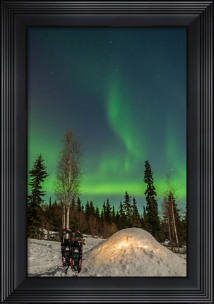 Framed Alaska, Fairbanks A Quinzee Snow Shelter And Aurora Borealis Print