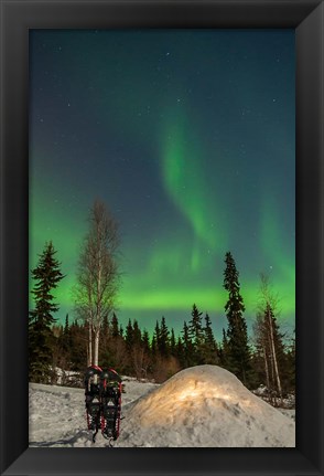 Framed Alaska, Fairbanks A Quinzee Snow Shelter And Aurora Borealis Print