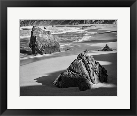 Framed Rocky Coastline Of Garrapata Beach, California (BW) Print