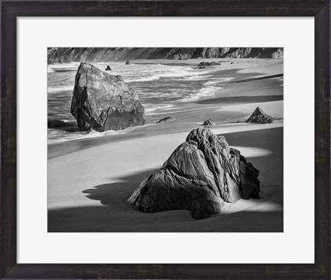 Framed Rocky Coastline Of Garrapata Beach, California (BW) Print