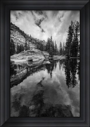 Framed Reflective Lake At Yosemite NP (BW) Print