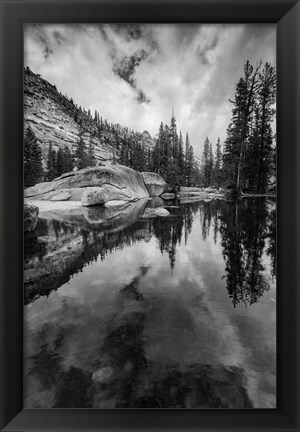 Framed Reflective Lake At Yosemite NP (BW) Print