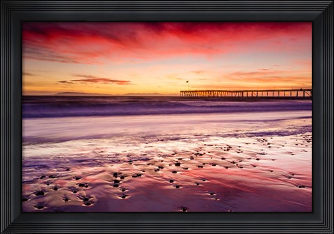 Framed Sunset Over Ventura Pier From San Buenaventura State Beach Print