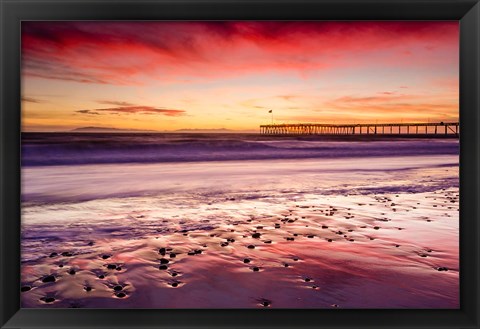 Framed Sunset Over Ventura Pier From San Buenaventura State Beach Print