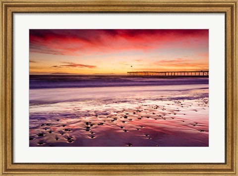 Framed Sunset Over Ventura Pier From San Buenaventura State Beach Print