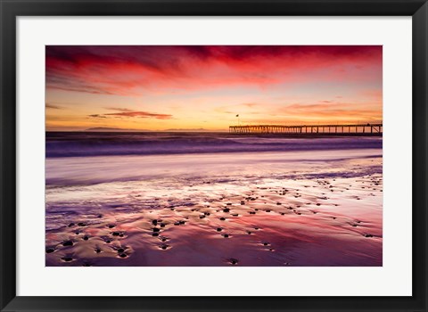 Framed Sunset Over Ventura Pier From San Buenaventura State Beach Print