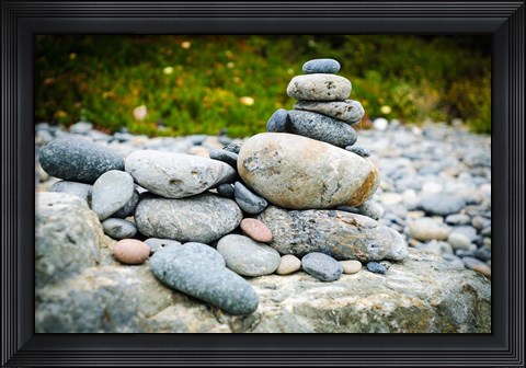 Framed Stacked Rocks On Sand Dollar Beach Print