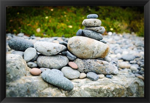 Framed Stacked Rocks On Sand Dollar Beach Print