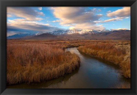 Framed Panoramic View Of A River And The Sierra Nevada Mountains Print