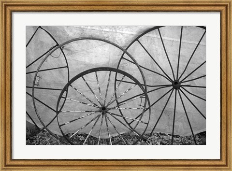 Framed Old Metal Wagon Wheels (BW) Print