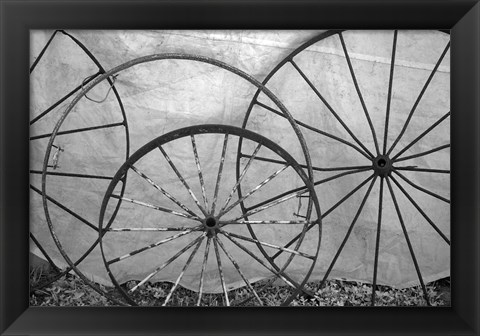 Framed Old Metal Wagon Wheels (BW) Print