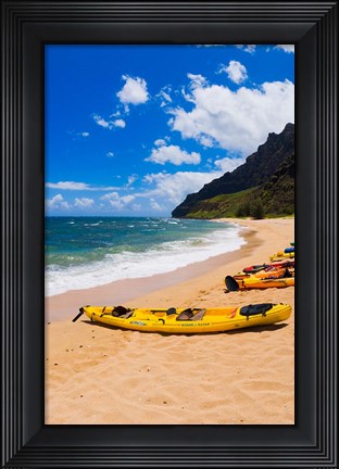 Framed Sea Kayaks On Milolii Beach, Island Of Kauai, Hawaii Print