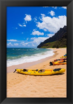 Framed Sea Kayaks On Milolii Beach, Island Of Kauai, Hawaii Print