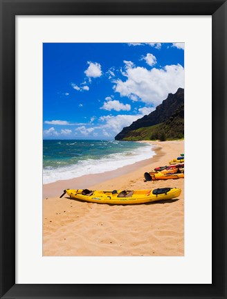 Framed Sea Kayaks On Milolii Beach, Island Of Kauai, Hawaii Print