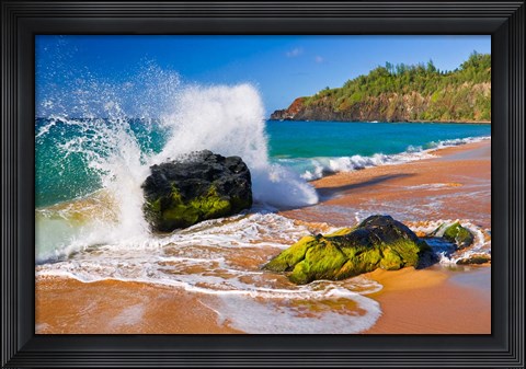 Framed Surf Crashing On Rocks At Secret Beach, Kauai, Hawaii Print
