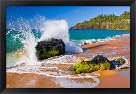 Framed Surf Crashing On Rocks At Secret Beach, Kauai, Hawaii Print