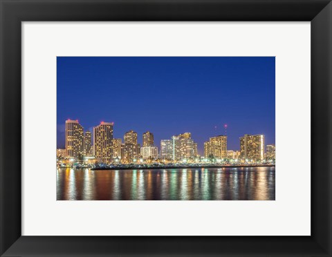 Framed Waikiki Skyline At Night, Honolulu, Hawaii Print