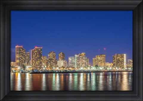 Framed Waikiki Skyline At Night, Honolulu, Hawaii Print