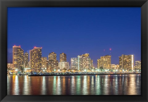 Framed Waikiki Skyline At Night, Honolulu, Hawaii Print